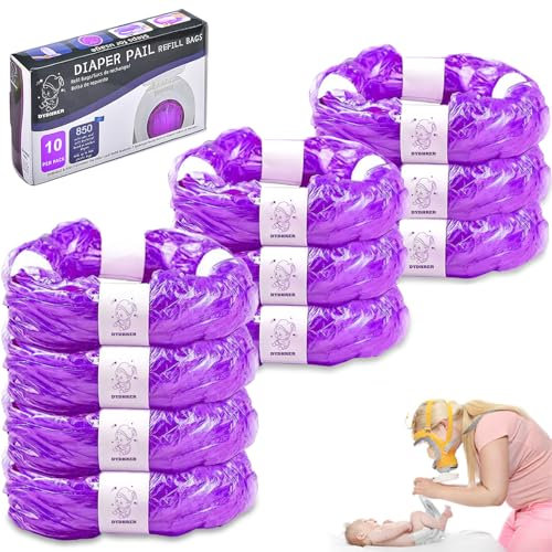 DYDHRER Nappy Bin Refill,10-Pack Nappy Bin Refill Bags compatible with Tommee Tippee Twist & Click Refill- Max Odor Lock and Germ Protection, Newborn Baby Diaper Pail Liner-(Purple)