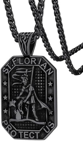FaithHeart Heiliger Florian Halskette für Herren Männer, Edelstahl Dog Tag Anhänger Halskette 22cm lang，Punk feuerwehr kette für Freunden Ehemann Papa