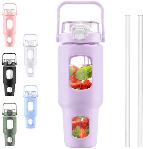 BLUEGO Bouteilles d'eau en verre de 1200 ml avec marqueur de temps avec paille, gobelet en verre avec couvercle à poignée, facile à nettoyer, s'adapte au porte-gobelet de voiture, pichet étanche pour