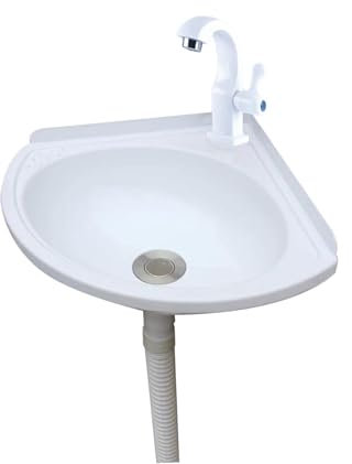 Kunststoff Eck Waschbecken Handwaschbecken 27.5X35X11CM Ausgussbecken weiß Wandausgussbecken Einzelkaltwasser für Keller Waschküche Garten Camping Keller Spülbecken inkl Ablaufgarnitur (SC-001)