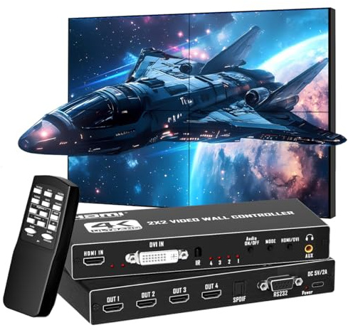 Contrôleur mural vidéo 2 x 2 4K TV épissure processeur mural HDMI et DVI entrée 4 écrans TV dans 1 écran mural Support télécommande infrarouge, RS232, rotation à 180°, 2x2,1x1,1x2,1x3,1x4,1x5