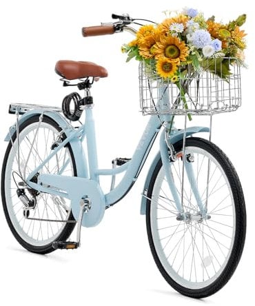 VEVOR Cruiser Fahrrad mit 7 Gängen (Reifendurchmesser 660,4 mm) Beach Fahrrad mit großem Korb & Gepäckträger, Cruiser-Fahrrad mit verstellbarem Sitz, für Radfahren & Trainieren & Einkaufen Blau