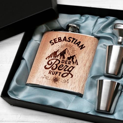 Der Berg ruft Flachmann Skifahren Berg Flachmann Ski Geschenk Wandern personalisiert mit Gravur Holz