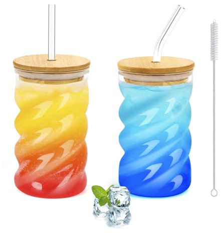 SILRIVES Glass Cups with Lid and Straw, Pack of 2, Bubble Cocktail Glasses, Iced Coffee Glasses, 500 ml, Long Drink Glasses, Ribbed Drinking Glasses with Lid and Straw for Latte Macchiato, Matcha
