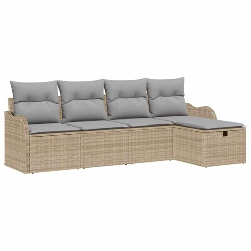 vidaXL Garten-Sofa-Set mit Kissen mit Speicher 5 pcs Beige Poly Rattan, Zeitgemäße Garten- und Terrassensofa-Gruppe, modulare Möbel, verstellbare Füße, langlebige Rattan-Couch, Loungesitz