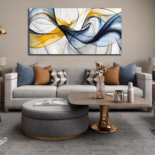 IHHGNB Abstrakte Leinwand-Wandkunst, blau-gelb, wirbelnd, minimalistischer Leinwanddruck, Kunstwerk, Gemälde für Wohnzimmer, Schlafzimmer, Dekoration, 80 x 160 cm (31 x 63 Zoll), rahmenlos