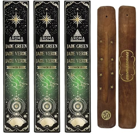 Aromasenses | 3er-Pack Jade grün Weihrauch + 1 Räucherstäbchenhalter Aromasenses | Esoterische Heilsteine 3 × 20 g = 60 g Weihrauch + 1 Schachtel mit grünen Jade-Steinen | Energie | Reinigung