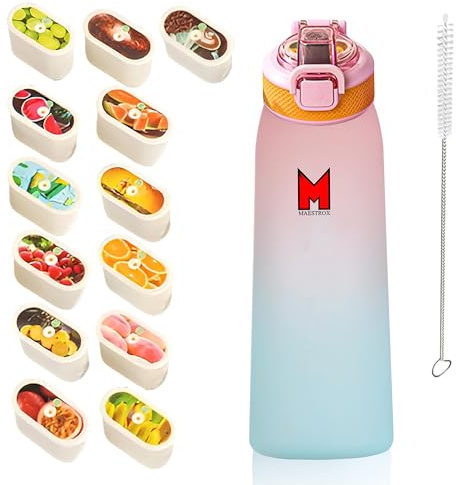 Maestrox Flavoured Water Bottle 700ML with 13 Flavour Pods, Straw, Cleaning Brush Reusable Fruit Flavour Bottle BPA Free & Leak Proof Design Portable Tritan for Gym, Travel, Office, School, Home