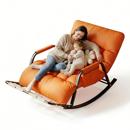 GTYMTTX Schaukelsessel, Massage-Fußstütze, ergonomische Rückenlehne einstellbar, katzenkratzfestes Material, Grau & Orange, 93x111x50 cm, belastbar bis 250 kg(Color:orange)