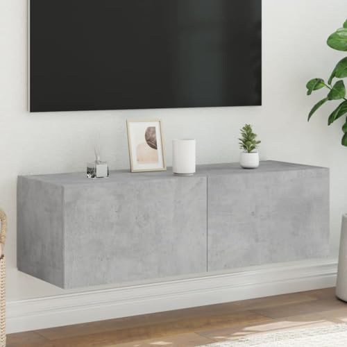 HETFTJN TV-Wandschrank Betongrau Lowboard 100x35x31 cm Holzwerkstander mit RGB LED Moderner Hängeschrank für Wohnzimmer Flur Büro