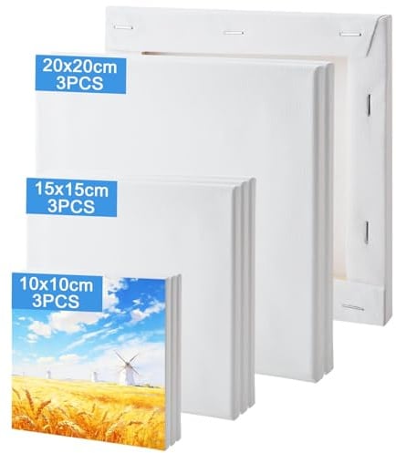jwtyu Leinwand zum Bemalen 9 Stück Keilrahmen 280g/m² Leinwände zum Bemalen | 10x10,15x15,20x20cm Leinwand Set, Reine Baumwolle Canvas, für Aquarell Acryl Ölmalerei usw