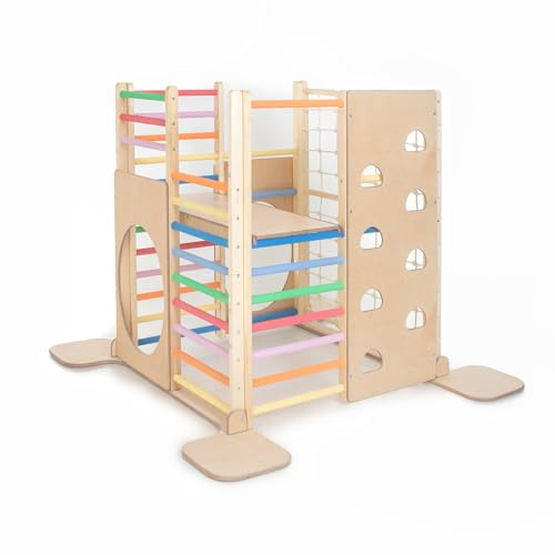 HomeForDreams Holz-Kletterturm für Kinder – Montessori-inspiriertes Indoor-Spielmöbel, Quadratisches Klettergerüst (Regenbogen)