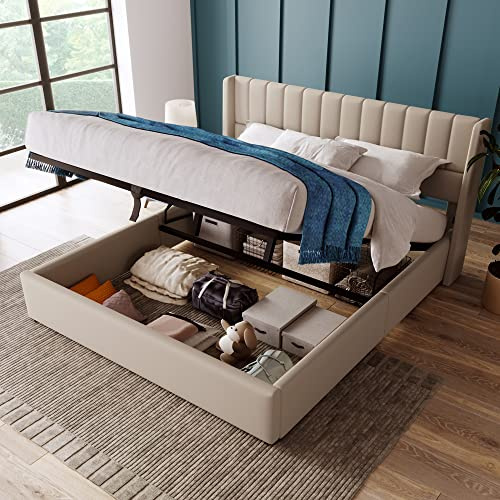 A ALFRESCOOL Polsterbett 180x200cm, Doppelbett mit Hydraulischem Stauraum, Lattenrost aus Holz, Bett mit Lattenrost aus Metallrahmen, Jugendbett, Kinderbett, Linen, Ohne Matratze(Beige)