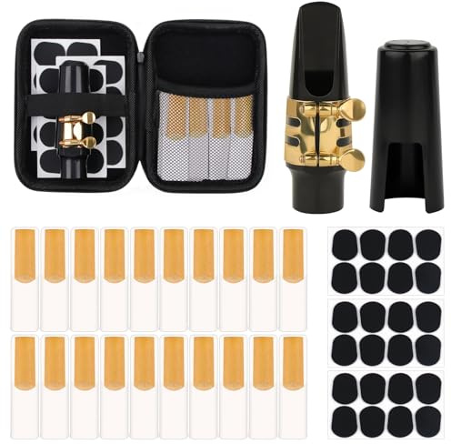 48 Pcs Alto Sax Mouthpiece Kit - Include 1 Gold Mouthpiece 1 Plastic Cap 1 Sax Ligatures 20 Reeds and 24 Pads and 1 EVA Storage Case for Alto Saxophone Parts and Accessories