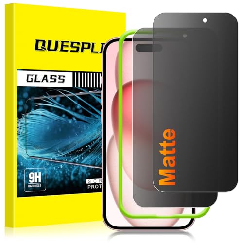 QUESPLE 2 Pack for iPhone 15 Plus Matte Privacy Screen Protector 6.7-Inch, 28°Anti-Spy Matte Tempered Glass Film, Anti-Fingerprint, Anti-Glare Matte Screen, Military-Grade Protection