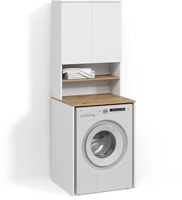 Livinity Mobile lavatrice Paolina, Bianco/Artisan, 68 x 88.2 cm 2 parti con ripianoSpazio aggiuntivo sopra l'elettrodomestico per detersivi e accessori