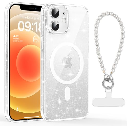 Doxxvai Coque Pailletée pour iPhone 12/12 Pro avec Dragonne Perle, Aimanté | Magnétique Compatible avec MagSafe, Étui Transparent TPU Antichoc, Bracelet Bijou Perlé Blanc Universel, Élégant Bling