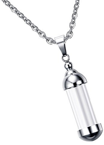 Sharplace Collier Pendentif Balle Tube Bouteille en Verre Transparent Ouvrir Recipient Contenant Militaire Acier Inoxydable avec Chaine, Couleur acier