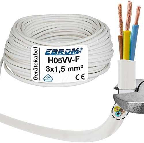 EBROM Kunststoff Schlauchleitung RUND, Kabel, Stromkabel, Leitung, Gerätekabel H05VV-F 3x1,5 mm² 3G1,5 mm2 - Farbe: weiß - Viele Längen in 5 Meter Schritten bis 150 Meter, Ihre Kabellänge: 60 Meter