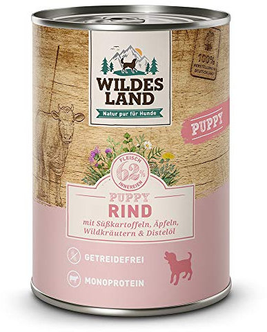 Wildes Land - Nassfutter für Hunde - Puppy Rind - 12 x 400 g - mit Süßkartoffeln, Äpfeln, Wildkräutern & Distelöl - Glutenfrei - Extra viel Fleisch - Beste Akzeptanz und Verträglichkeit