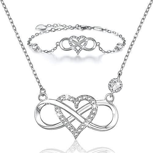 BlingGem Damen Schmuck-Set aus Weißgold vergoldet 925 Sterling Silber Rundschliff Zirkonia Unendlichkeit Herz Symbol Für Immer Zusammen Geschenk Frauen