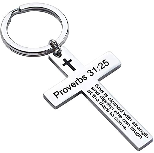Ldurian Porte-clés chrétien pour femme, porte-clés en forme de croix pour homme, écriture religieuse, porte-clés en acier inoxydable avec verset de la Bible, Proverbs 31:25, Acier inoxydable, Sans