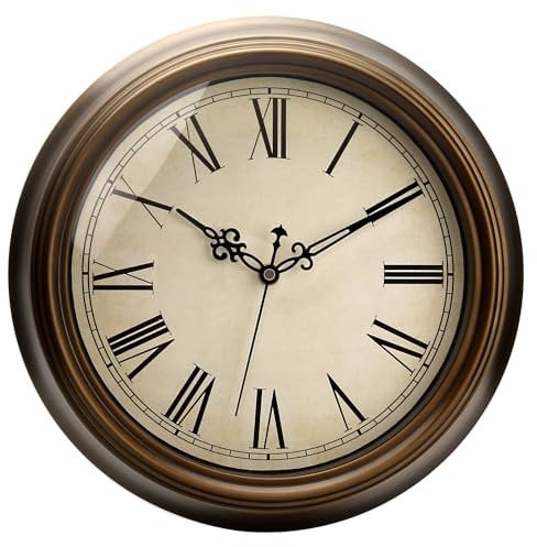 Plumeet Wanduhr aus Metall, 25cm Ruhige Retro Klassisch Wanduhr ohne Tickgeräusche für Wohnzimmer, Schlafzimmer, Batteriebetrieben (Römischen Ziffern)
