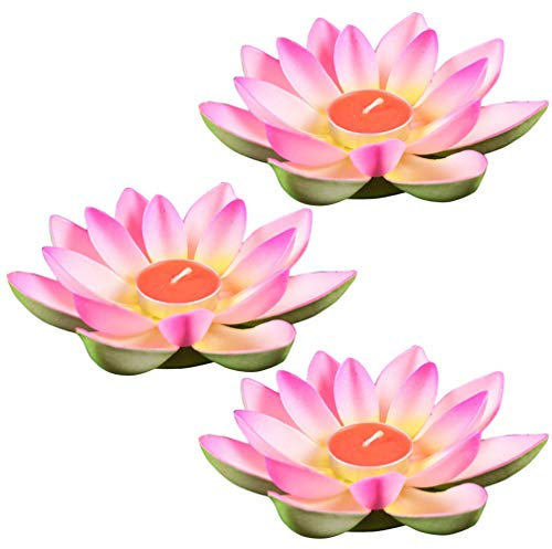 DOITOOL 3 x rosafarbene Wasserlotus-Kerzenlaternen, Laternen zum Beten, schwimmende Lotus-Lichter, Wünsche, Seerosen, Kerzen, Licht, dekorative schwimmende Kerzen, Laterne, 15 cm