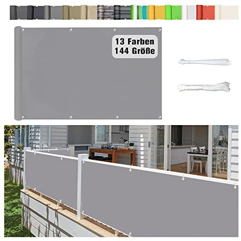 Stootrel Balkonschutz Balkonabdeckung, 90 X 700CM Blickdichte Balkonumspannungen Balkonabdeckung Wind&UV Schutz Wasserdicht Balkonumrandung mit Ösen und Kordel, hellgrau