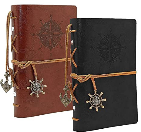 BetterJonny 2 Pack Leder Notizbuch A6, Retro Notizbuch aus Leder Vintage Spiralbindung Tagebuch Nachfüllbares Tagebuch Reisetagebuch Skizzenbuch für Männer und Damen, Schwarz und Braun