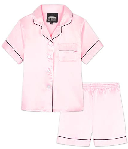 CityComfort Pyjama Fille - Ensembles de Pyjama Fille en Satin - Pyjama Short Fille 7-14 Ans (Rose, 9-10 Ans)