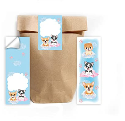 Junapack 12 Lesezeichen + 12 Geschenktüten (Natur) + 12 Aufkleber Hund Hunde Mitgebsel Gastgeschenk beim Kindergeburtstag Mädchen Jungen Jungs