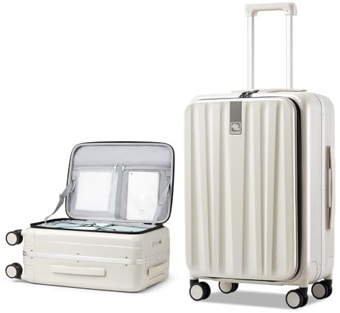 Hanke Koffer Trolley Handgepäck Koffer, 20 Zoll Hartschalenkoffer Groß Leicht Obere Vordere Öffnung Spinner TSA-Schloss und 4 Rollen, Micro-Diamond Textured Design,100% PC Koffer-Elfenbeinweiß