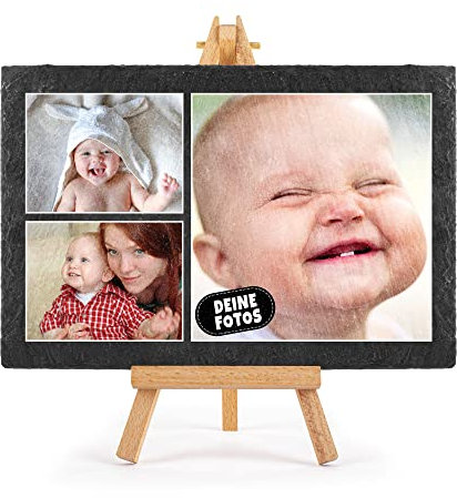 PR Print Royal Schieferplatte selbst gestalten - Foto-Collage mit 3 Fotos bedrucken - Geschenk für Freunde, Familie I Personalisiertes Foto-Geschenk - Schiefertafel mit Staffelei, 20 x 30 cm