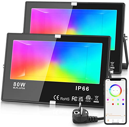 LED Strahler, 2 Stück 80W RGB Farbwechsel Fluter Bluetooth APP Steuerung 16 Million Farben und 12 Modi 8000LM Smart LED Scheinwerfer, IP66 Wasserdicht Außenstrahler für Garten Terrasse