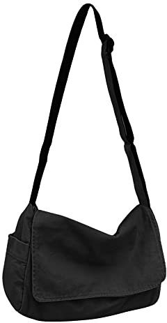 YILCER Canvas-Umhängetasche für Damen und Herren, große Canvas-Schultertasche, Tragetasche für Schule, Reisen, Freizeit, Alltag, Schwarz, 38 x 24 x 16 cm, Schwarz