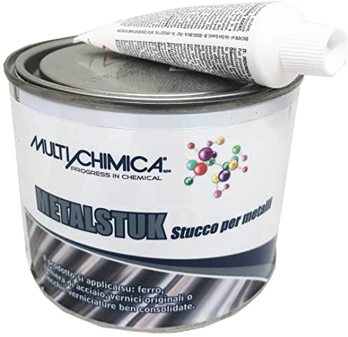 Multichimica Metalstuk Spachtel für Metalle, Harze, Polyester, für Eisen, Stahl, Blech, Karosserie, Spachtelmasse, grau, Härter inklusive, 500 ml
