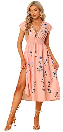 Allegra K Robe midi d'été bohème à manches courtes et taille smockée pour femme, rose, 44
