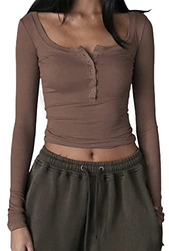 YILEEGOO Women's Casual Y2K Button Long Sleeve Slim Fit Tops Shirt Round Neck Tee Short Tops T-Shirt (Button-Khaki, S)