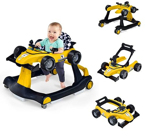 COSTWAY Trotteur Bébé Garçon Pliable 4 en 1 avec 3 Hauteur Réglable, Trotteur Marche Bébé Garçon Évolutif avec Musique & Lumière, Roues Silencieuses, 5 Patins Antidérapants pour 6-18 Mois(Jaune)