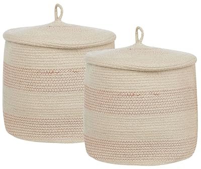 Korb 2er Set Baumwolle hellbeige/rosa geflochten gestreift mit Deckel Boho-Design Silopi