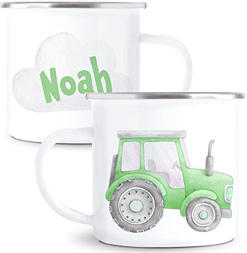 Trecker Tasse mit Namen Traktor Kindertasse Personalisiert für Jungen Kindergarten Kinder Becher aus Emaille Grün