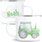 Trecker Tasse mit Namen Traktor Kindertasse Personalisiert für Jungen Kindergarten Kinder Becher aus Emaille Grün