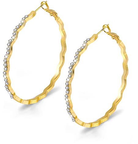 Creolen Gold Ohrringe Große Damen, Silber 925 Creolen Groß Gold mit Bling AAA+ Zirkonia Diamant Strass Ohrringe, Hypoallergen 14k Vergoldet Ohrringe Twist Welle Creolen Große für Damen Frauen