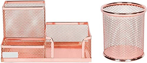 Wnota Stiftehalter Stifthalter Mesh Wire Multifunktionsschreibtisch Pen Organizer Bleistift Cup mit 3 Fächern Schreibwarenhalter for Büro Schulbedarf Schreibtisch Stifteköcher (Color : Rose-Gold)