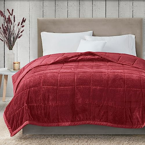 Madison Park Queen Cozy Blanket HeiQ Smart Temperature Plush to Microfiber Reverse Box Quilting, Reversible, Soft All Season, Lightweight Summer Cover, for Bed, Couch and Sofa, Full/Queen, Burgundy