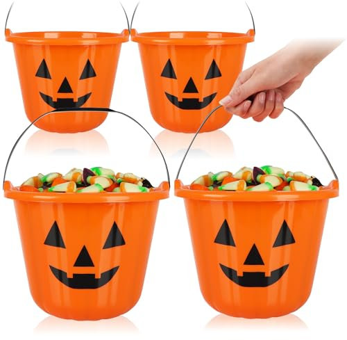 com-four® 4X Secchi di Zucca di Halloween XL - Secchi di plastica a Forma Zucca per la Raccolta di Dolci - Borsa di Raccolta con Manico per Halloween