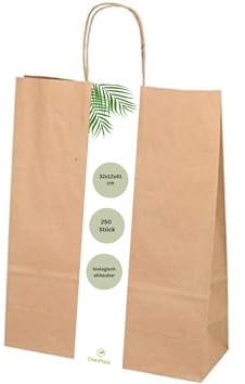 DeinPack 250 Papier Tragetaschen 32 x 12 x 41 cm groß I Umweltschonende Papiertüten Geschenktüten Papiertragetaschen biologisch abbaubar, kompostierbar I braune Papier Tüten