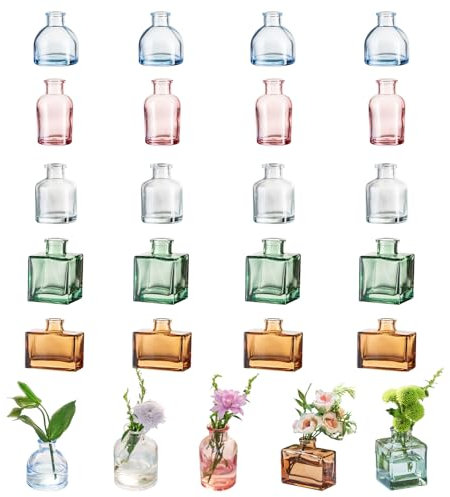 Glasseam Deko Vase Glas Farbig, Mini Vasen Set 20er, Chic Kleine Vasen für Tischdeko, Blumenvase Modern für Hochzeit Tischplatten, Schöne Glasvasen Flower Vase für Weihnachten Geburtstag Dekoration