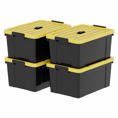 Cetomo 4 cajas de almacenamiento de plástico con tapas, asa y hebillas de cierre para herramientas al aire libre, jardín, garaje, hogar, duradera, resistente, apilable, anidable, negro y amarillo, 65